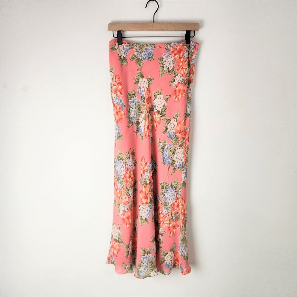 Vintage Silk Skirt Womens 8 Pink Floral Maxi Trad Wife Y2K Feminine Garden
